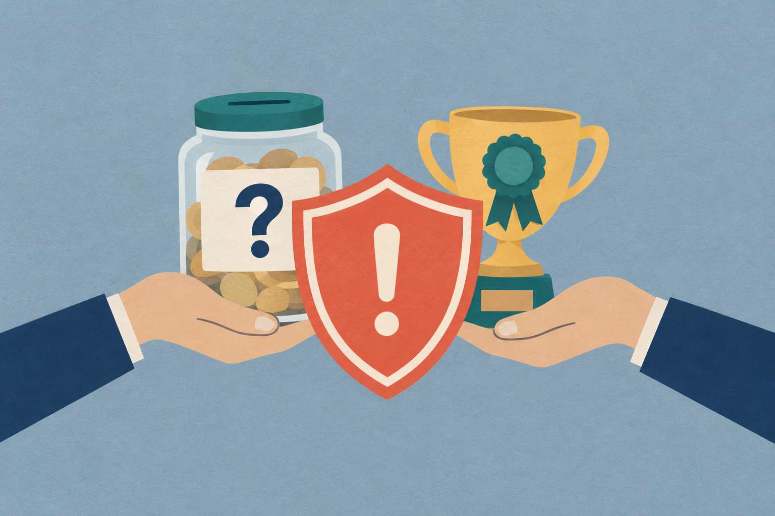 A masked figure holding a charity collection jar stands beside a fake trophy, with a warning shield in the foreground