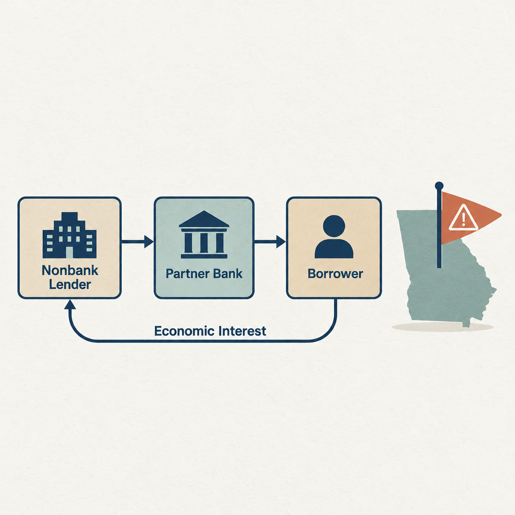 Flow diagram showing how a rent-a-bank loan scheme works: nonbank lender to partner bank to borrower and back, with a Georgia state outline and a warning flag