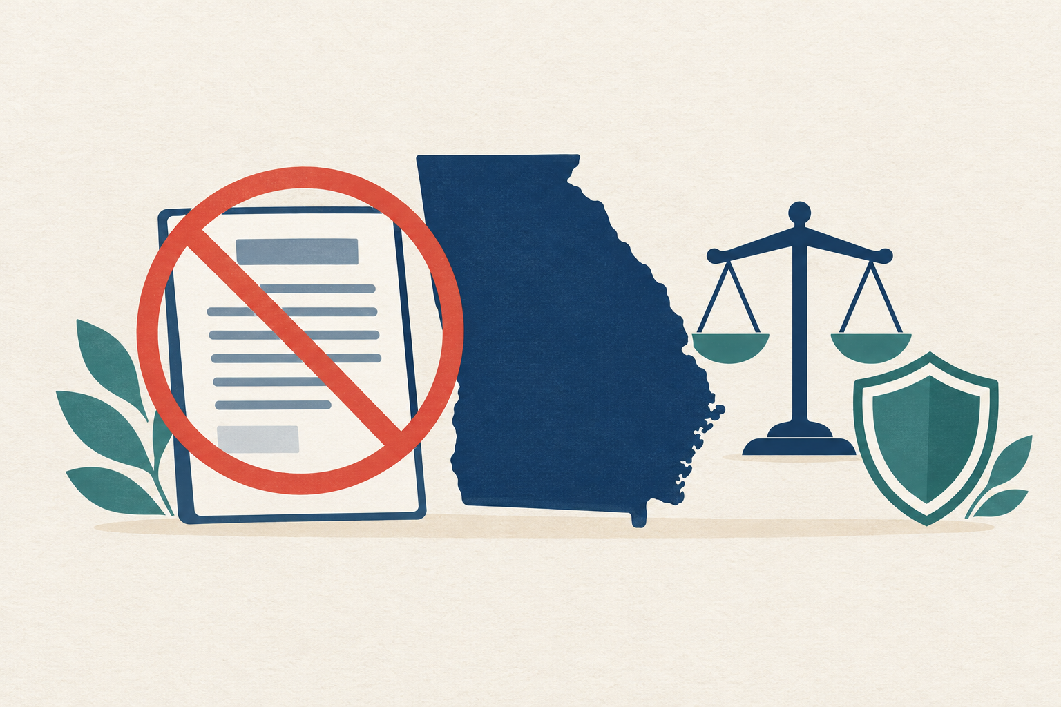 A red prohibition symbol overlaid on a payday loan document beside the Georgia state outline, with a small shield and legal scales representing consumer protection