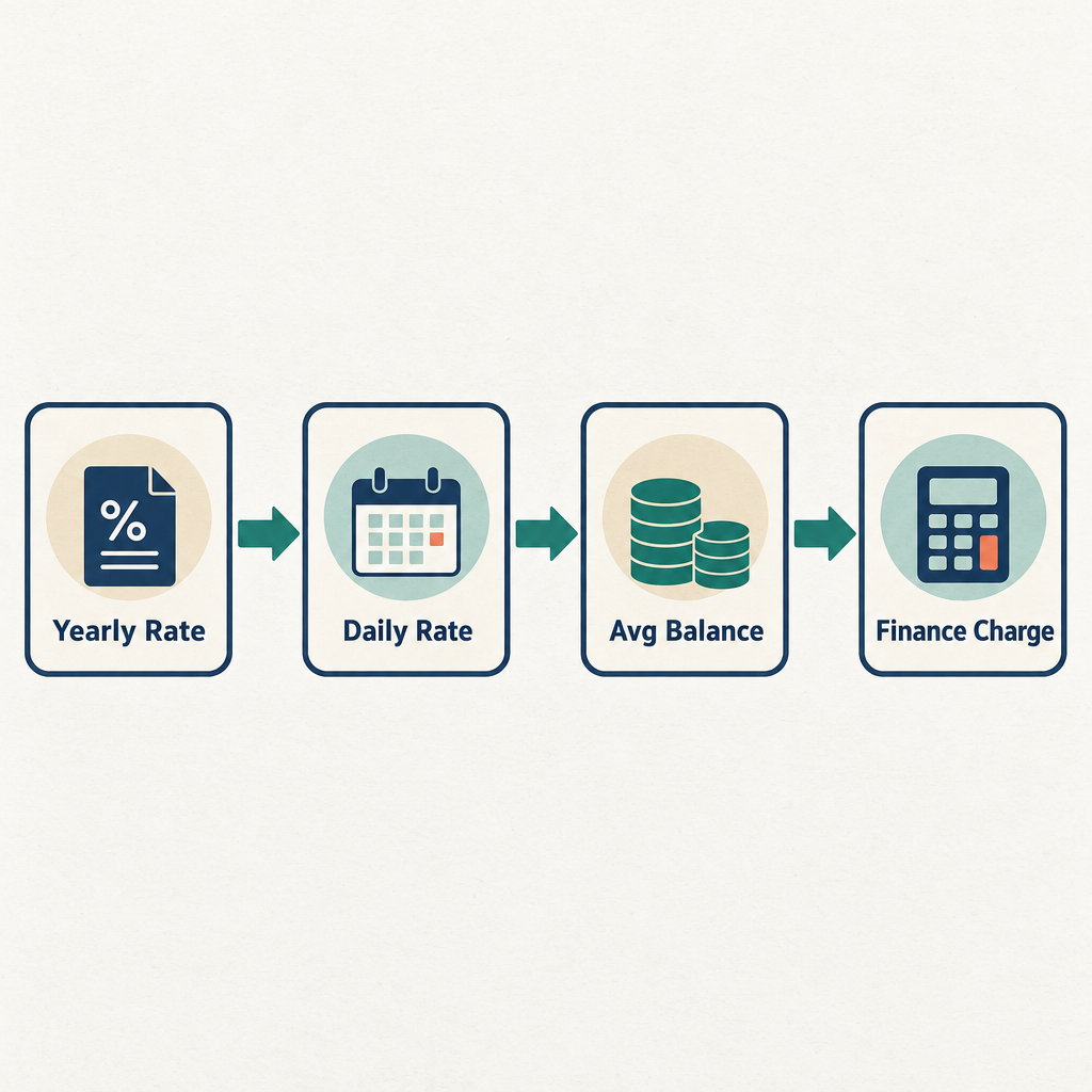 Four-step flow diagram showing how daily interest is calculated: APR divided into daily rate, daily balances summed, average balance found, then multiplied to get finance charge
