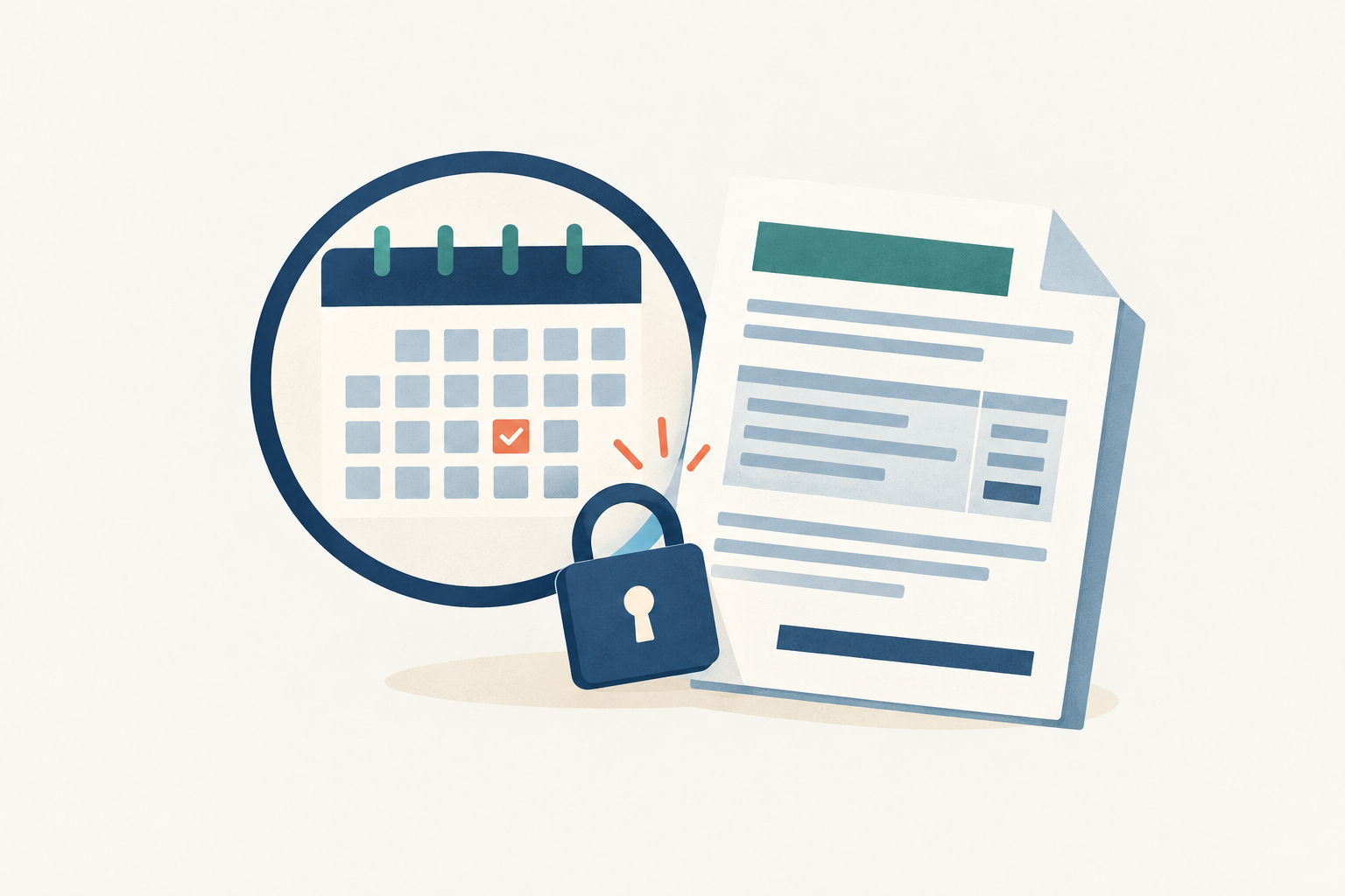 A circular calendar dial overlapping a credit card statement document, with a small padlock icon indicating interest locked away when paid in full