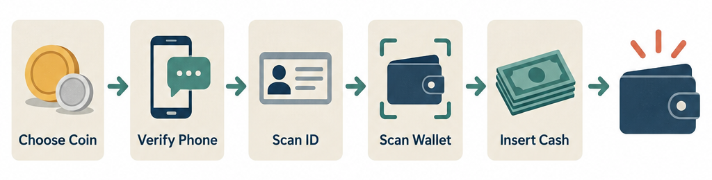 A five-step flow diagram showing the crypto ATM purchase process: choose coin, verify phone, scan ID, scan wallet QR code, insert cash, receive crypto