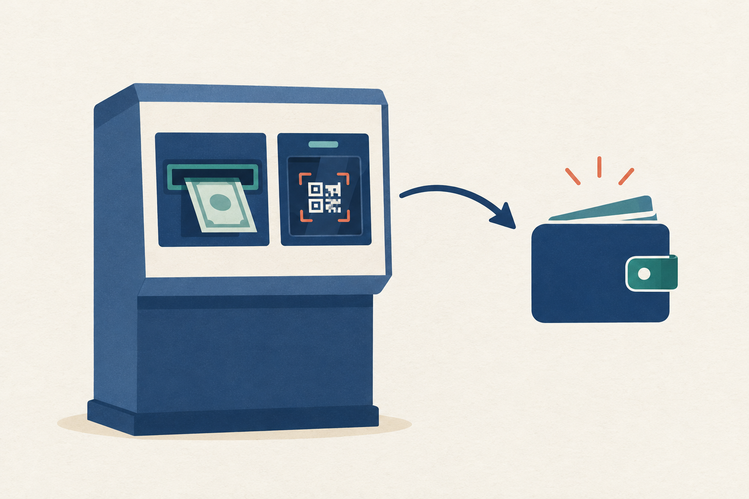 A standalone kiosk machine with a cash slot on one side and a QR code scanner on the other, connected by an arrow to a digital wallet icon, set against a plain neutral background