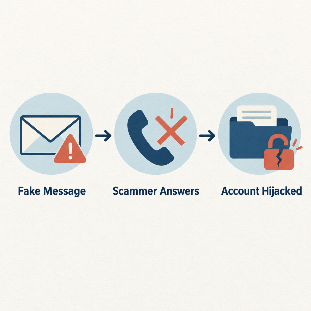 Flow diagram showing three steps of a utility scam: fake outage message, callback to scammer, account takeover or payment theft