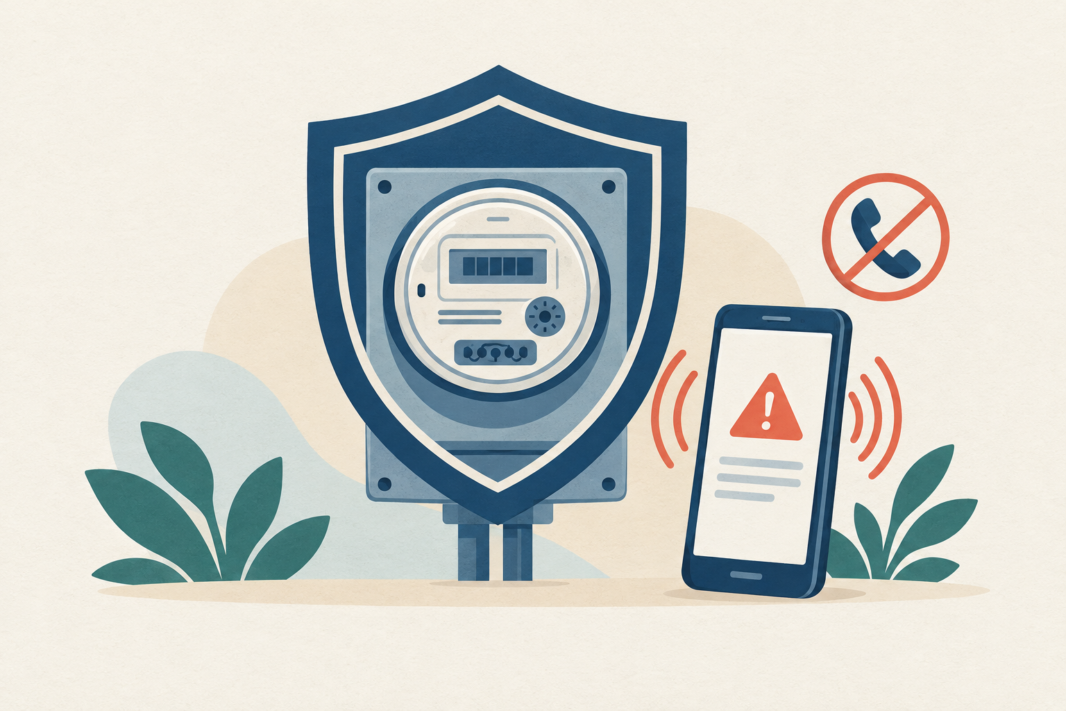 A shield protecting a utility meter while a warning signal radiates from a smartphone, symbolizing a utility impersonation scam alert