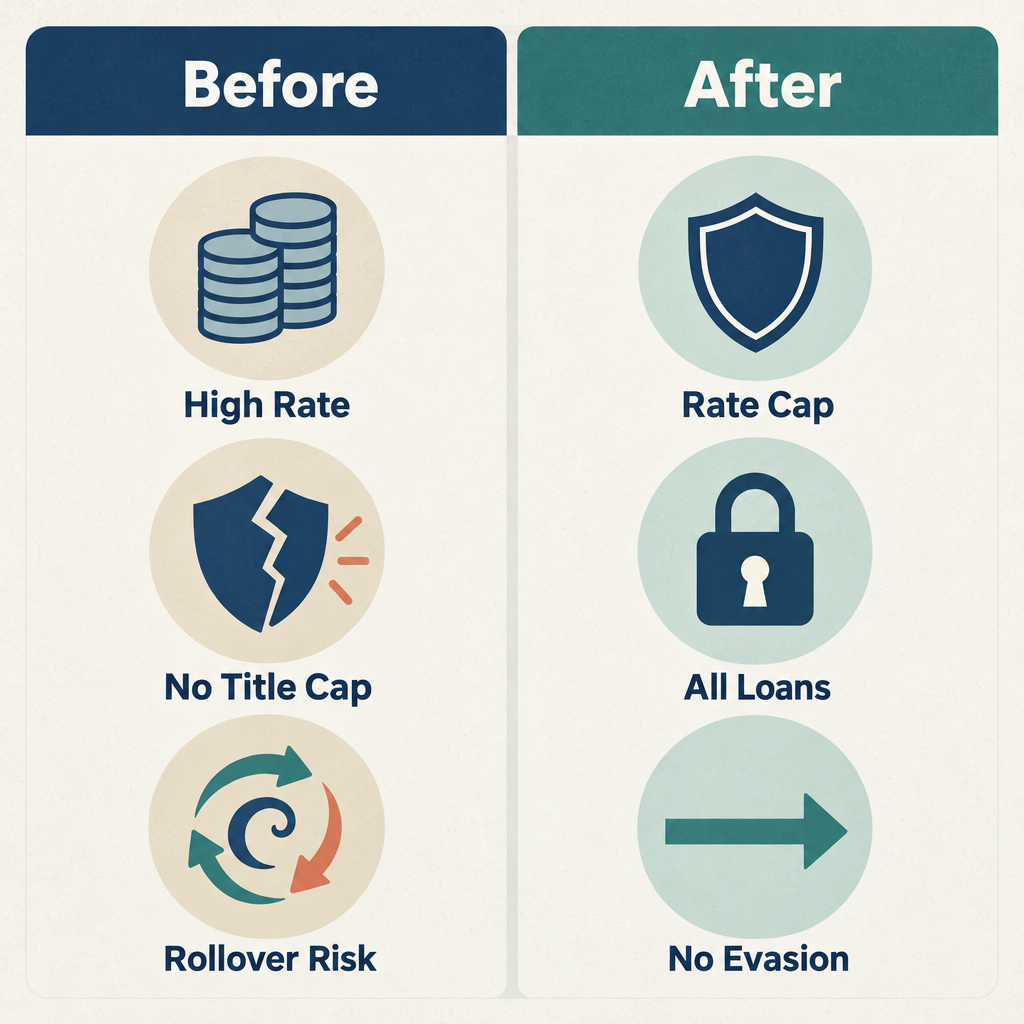 Two-column comparison diagram showing the old Illinois lending rules on the left and the new rate cap rules on the right, with a dividing line and simple icons