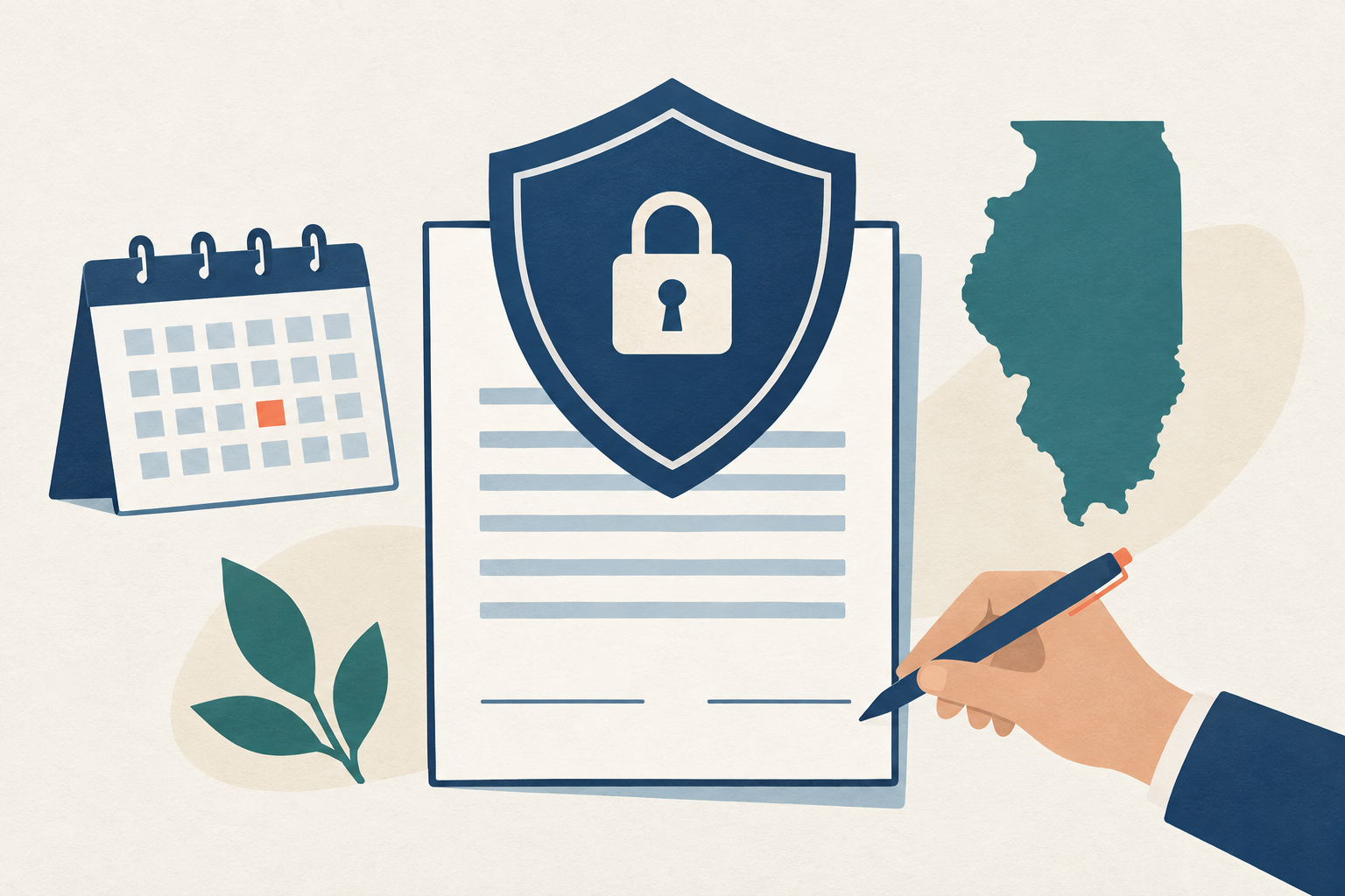 A rate cap shield placed over a payday loan document beside the outline of Illinois state, with a calendar and a hand holding a pen nearby
