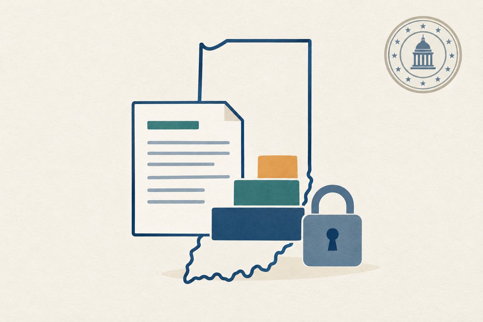 A state outline of Indiana overlaid with a small loan document, a tiered fee scale, and a padlock representing borrower protections