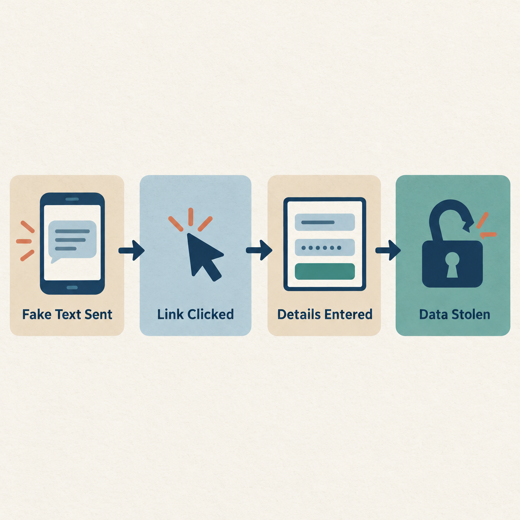 Flow diagram showing four steps of a fake toll text scam: fake text sent, user clicks link, personal details entered, data stolen