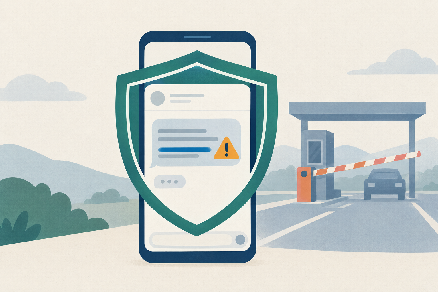 A shield icon overlaid on a smartphone displaying a fake toll payment text message with a suspicious link, warning symbol visible