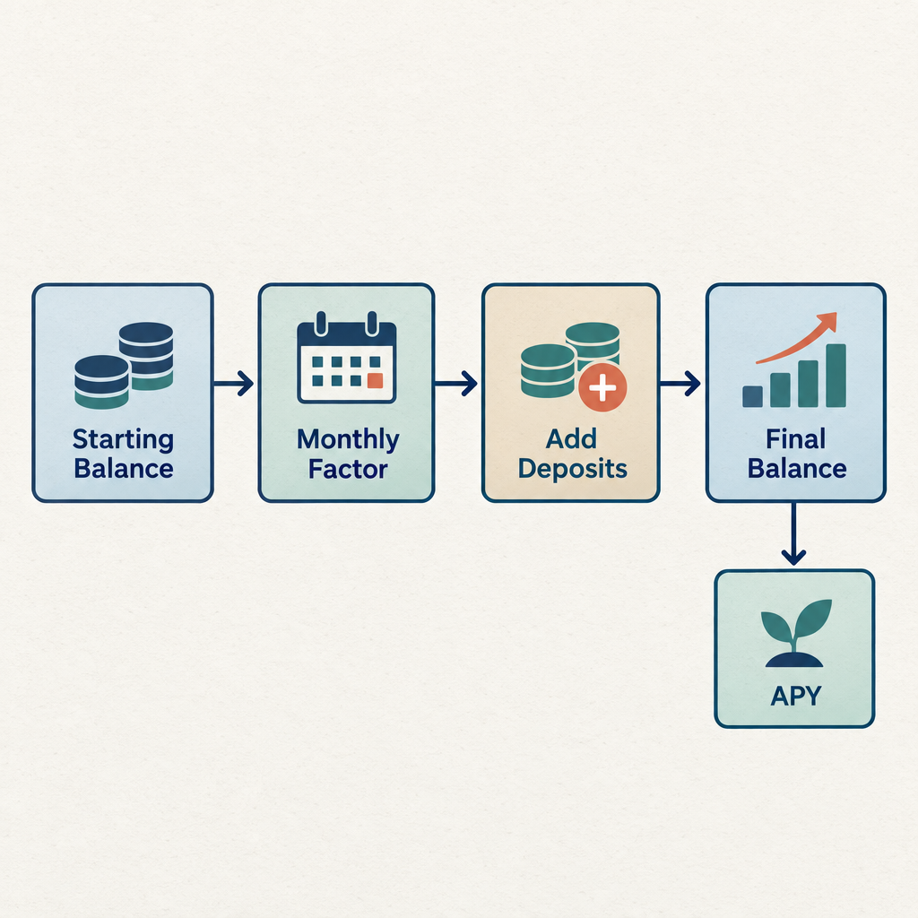 Flow diagram showing four steps: starting balance, monthly growth factor applied, deposits added, final balance plus APY output