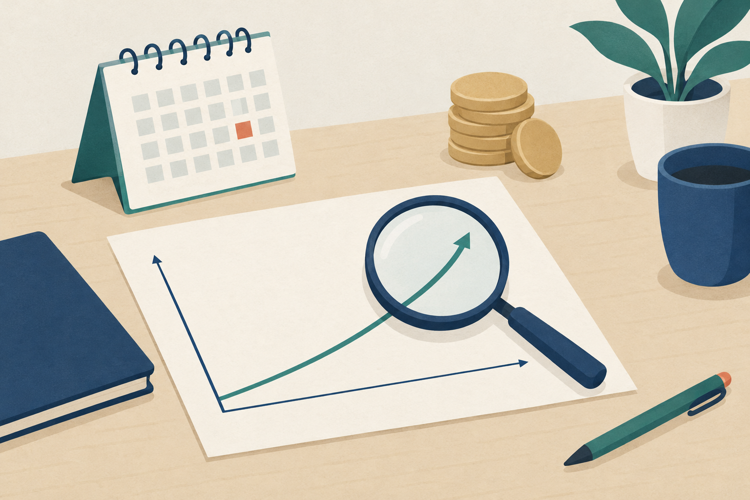 A magnifying glass over a simple growth curve chart with a calendar and a stack of coins beside it, representing compound interest calculation