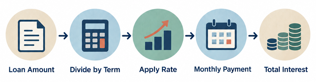 A simple five-step flow diagram showing how a loan amount moves through rate and term inputs to produce monthly payment, total interest, and payoff time outputs