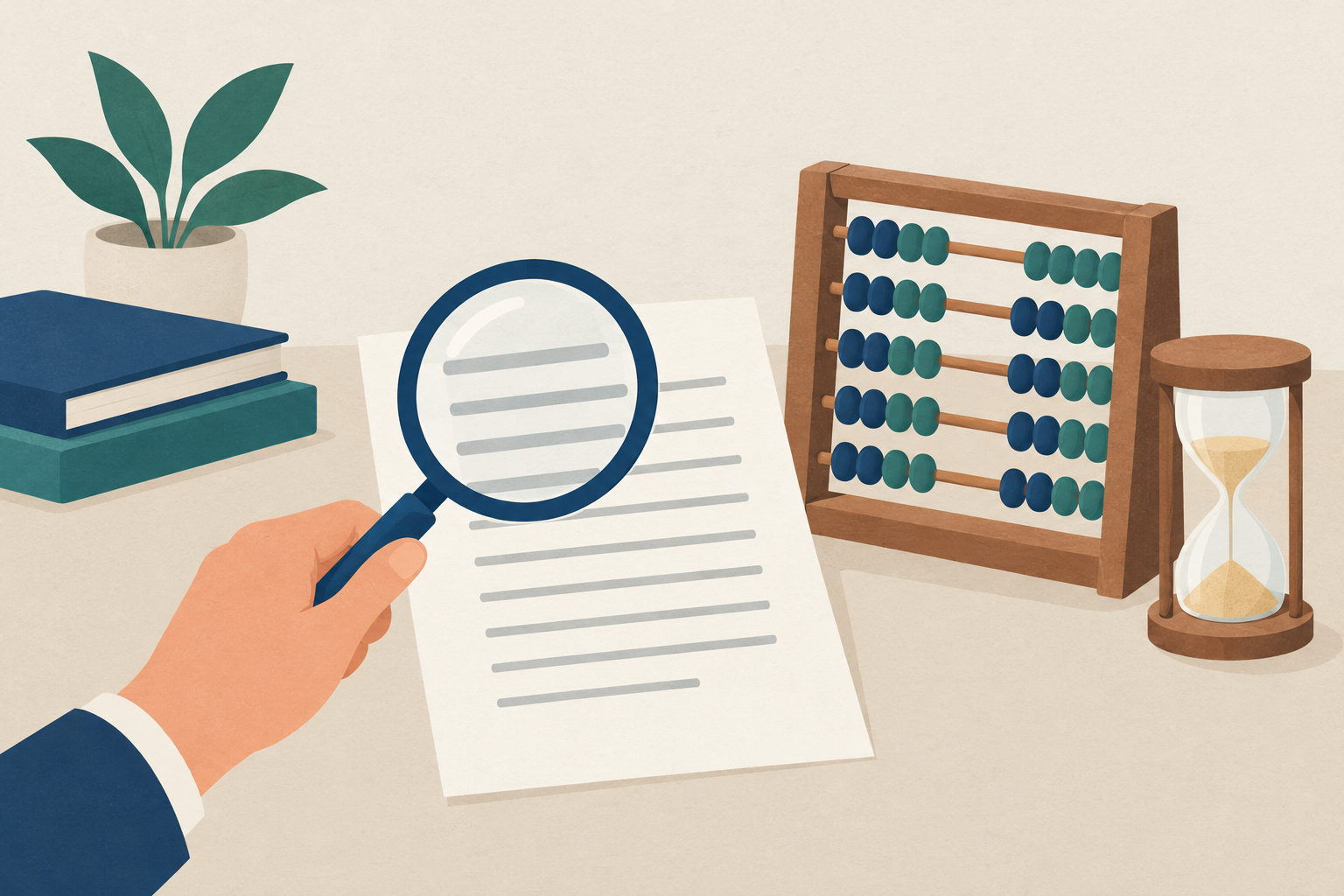 A clean editorial illustration showing a hand holding a magnifying glass over a simple loan document beside an abacus and a small hourglass, representing loan calculation and time