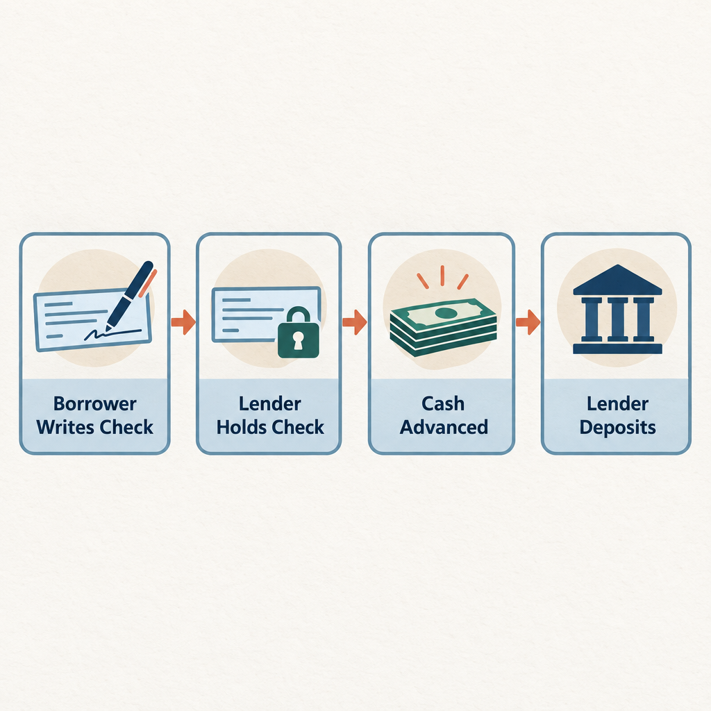 Flow diagram showing the delayed deposit transaction process: borrower writes check, lender holds check, borrower receives cash, due date arrives, lender deposits check