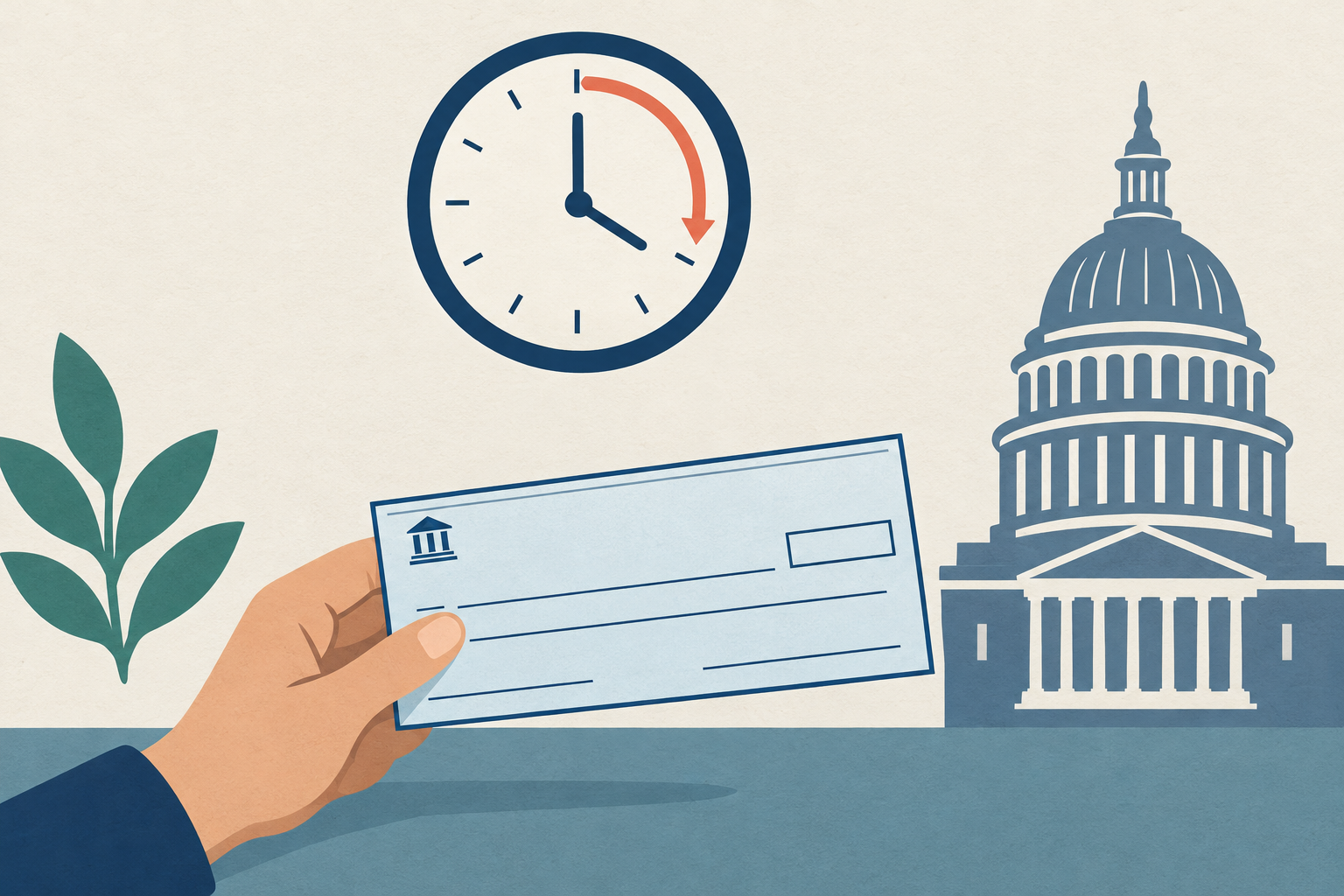 A personal check held under a clock beside a state capitol dome outline, representing Mississippi payday loan rules and delayed deposit transaction laws