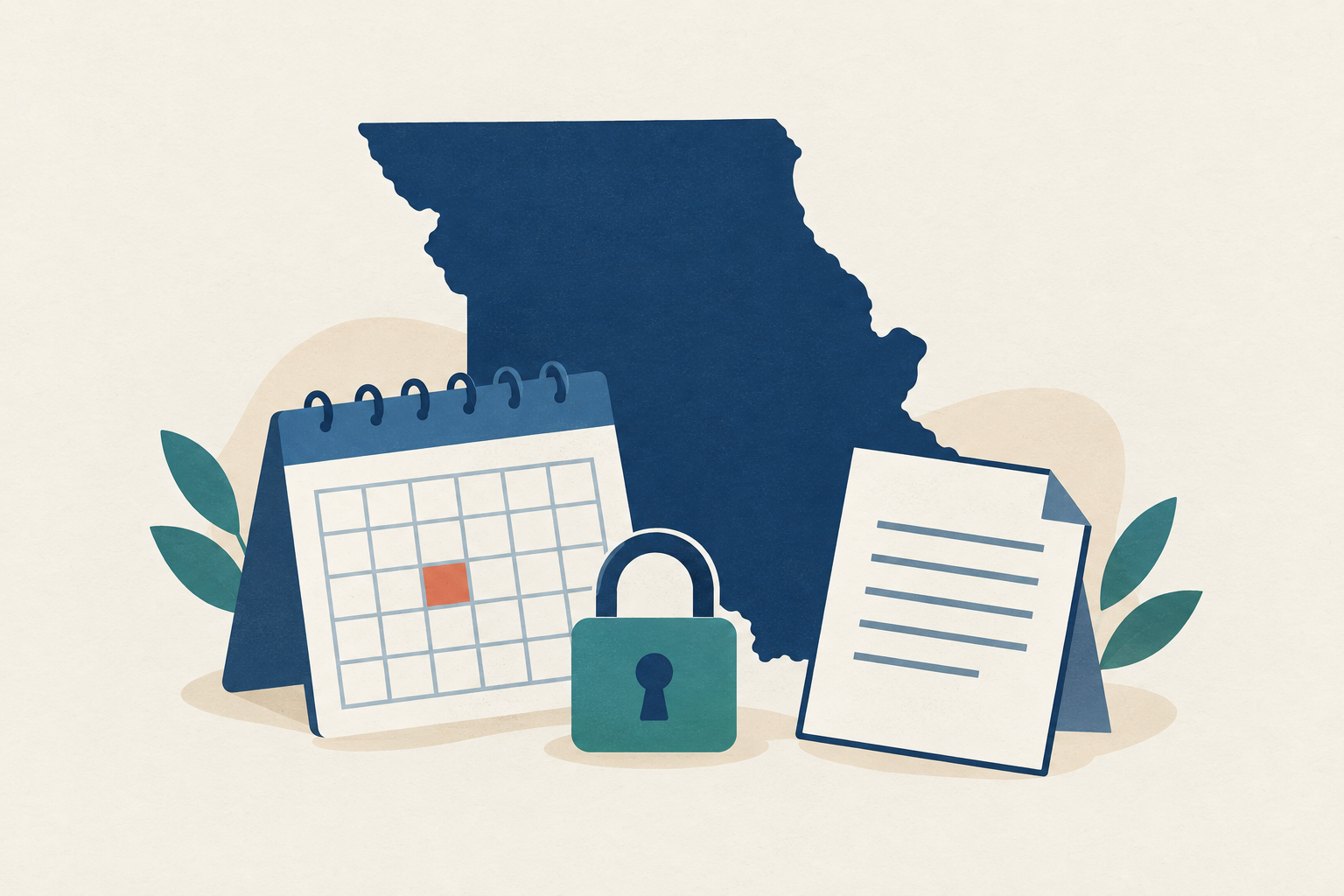 A Missouri state outline overlaid with a calendar, a padlock, and a small document representing loan term limits and borrower protections