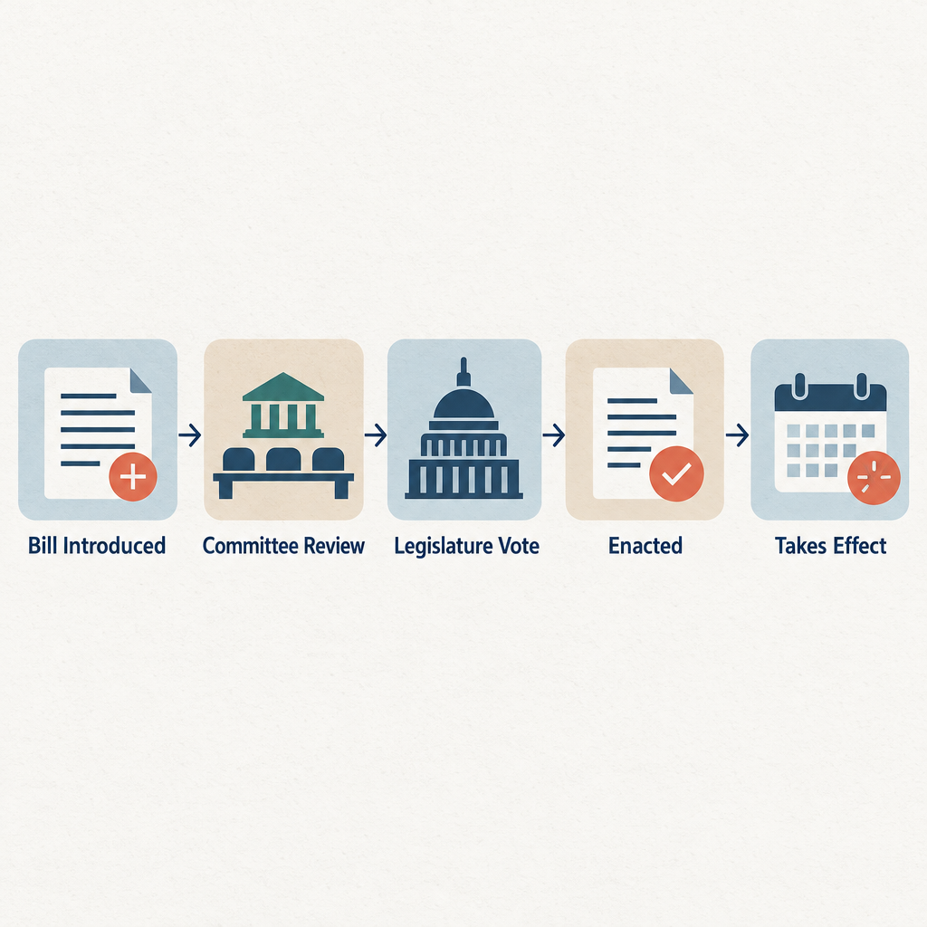 Flow diagram showing a proposed bill moving from introduction through committee review, full legislature vote, enactment, and final implementation