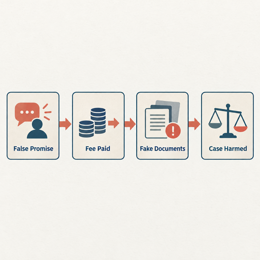 Flow diagram showing four steps of an immigration scam: false promise, payment, flawed documents, then harm to victim