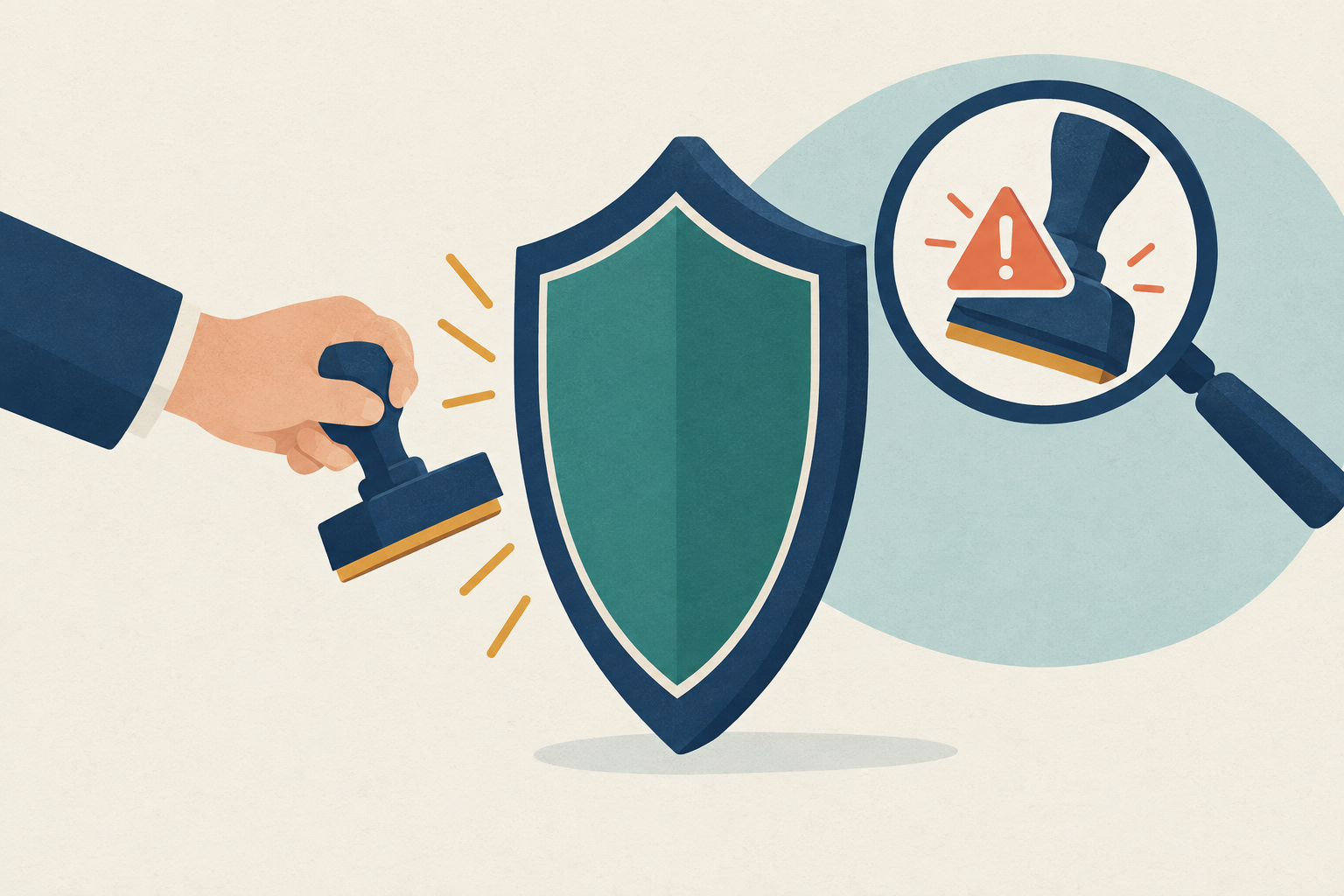 A shield blocking a hand holding a fake official-looking document stamp, with a magnifying glass revealing a warning symbol beneath