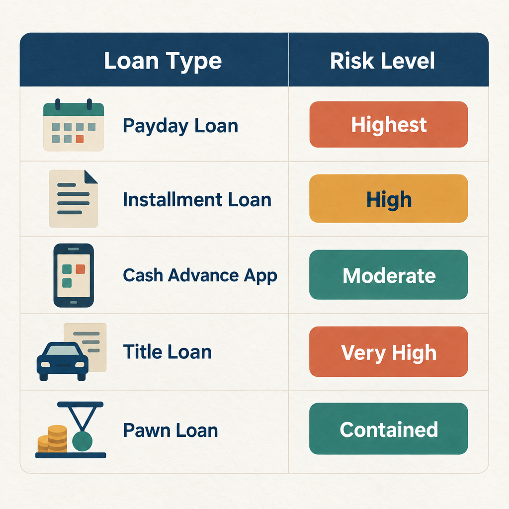 Two-column comparison chart showing no credit check loan types on the left and their key risk level on the right