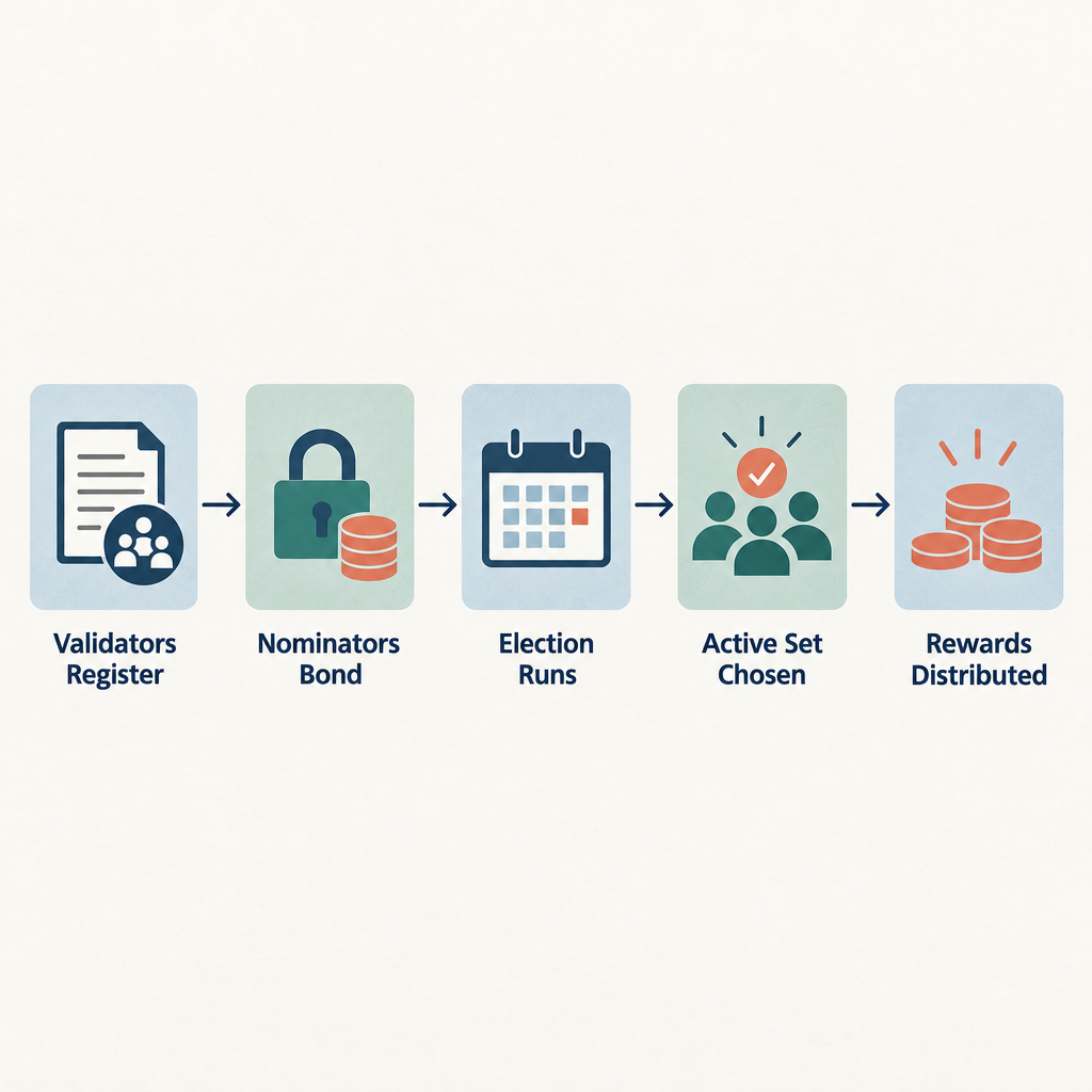 Flow diagram showing five steps: Validators Register, Nominators Bond, Election Runs, Active Set Chosen, Rewards Distributed