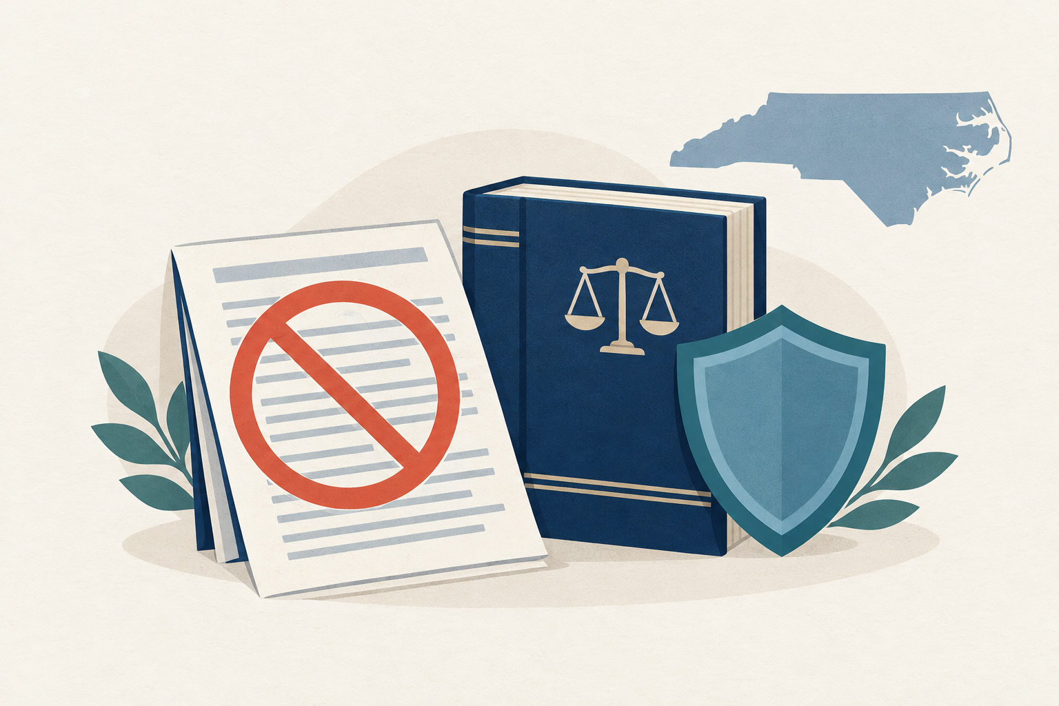 A crossed-out payday loan document beside a state law book and a protective shield, representing North Carolina's strict ban on payday and title loans