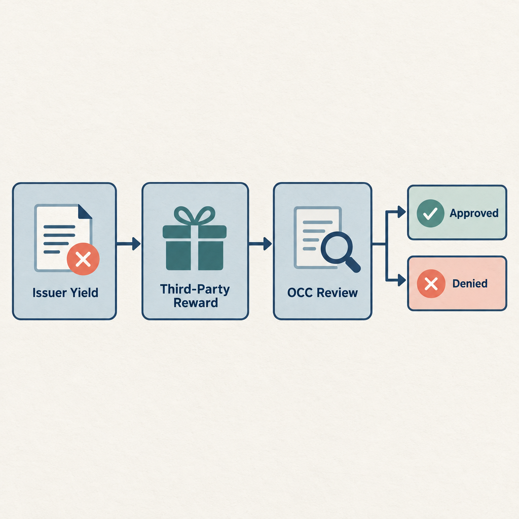 Flow diagram showing stablecoin rewards review process: Issuer pays yield blocked, third-party reward submitted, OCC case-by-case review, outcome approved or denied