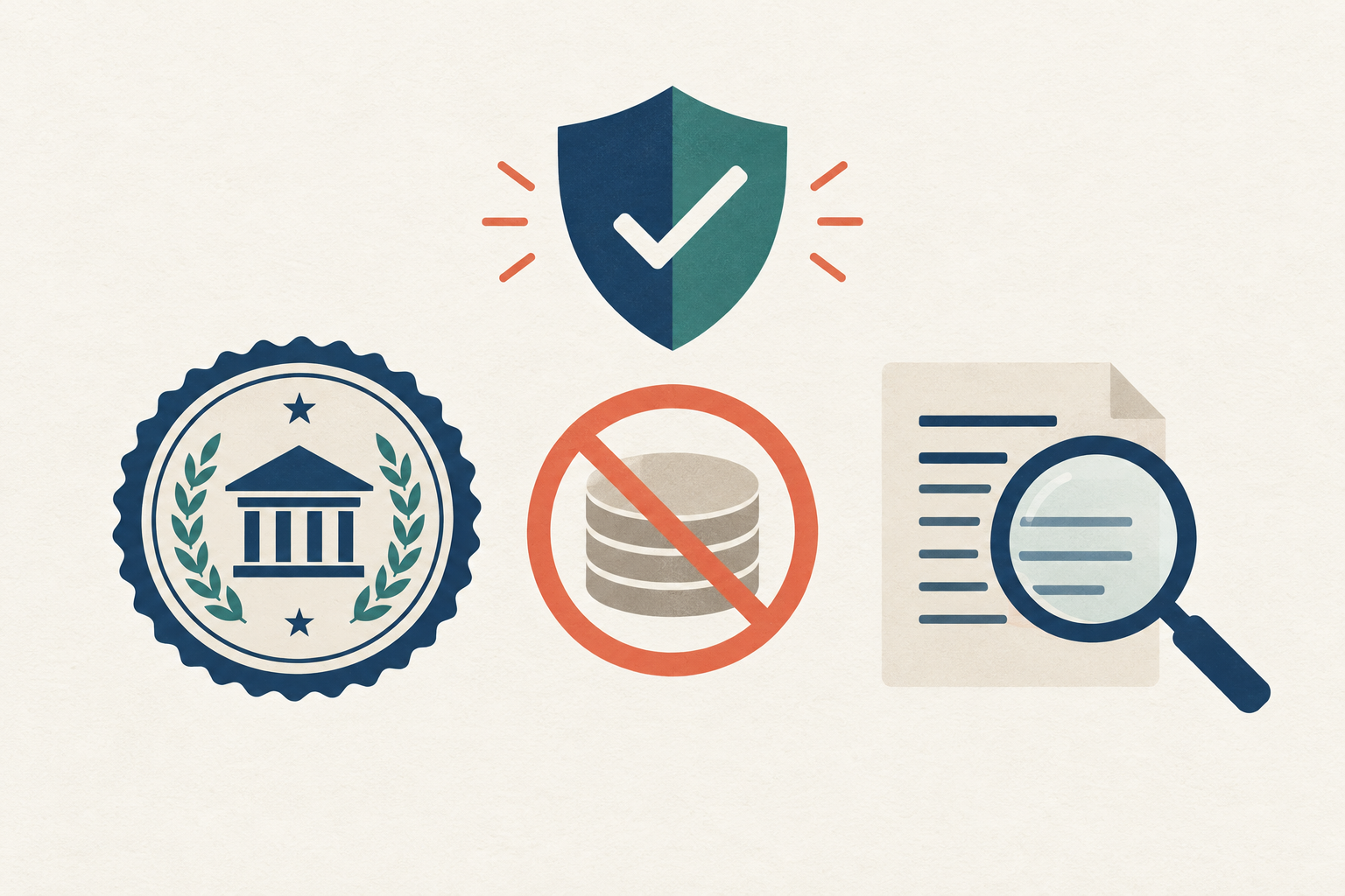 A government seal overlaying a stablecoin token beside a shield with a checkmark and a document with a magnifying glass, representing OCC regulatory review of stablecoin rewards