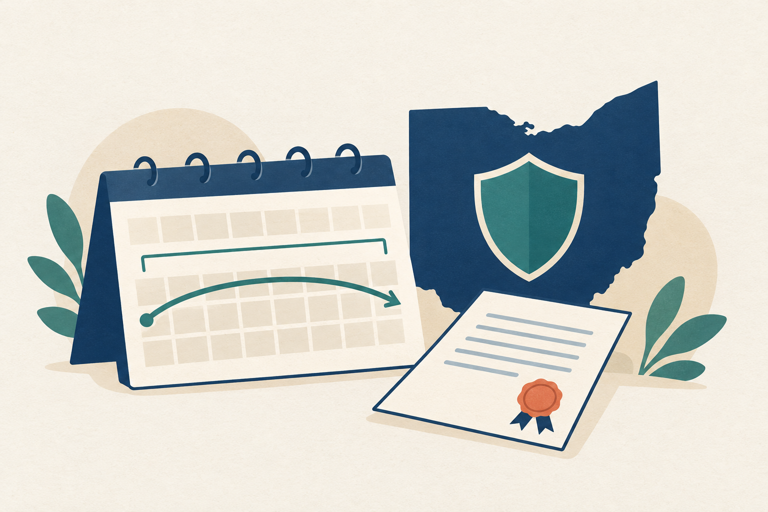 A calendar showing a 91-day minimum repayment period beside a state outline with a shield and a small loan document with a seal