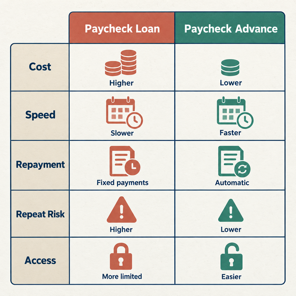 Two-column comparison chart contrasting a paycheck loan and a paycheck advance across criteria: cost, speed, repayment, repeat risk, and access
