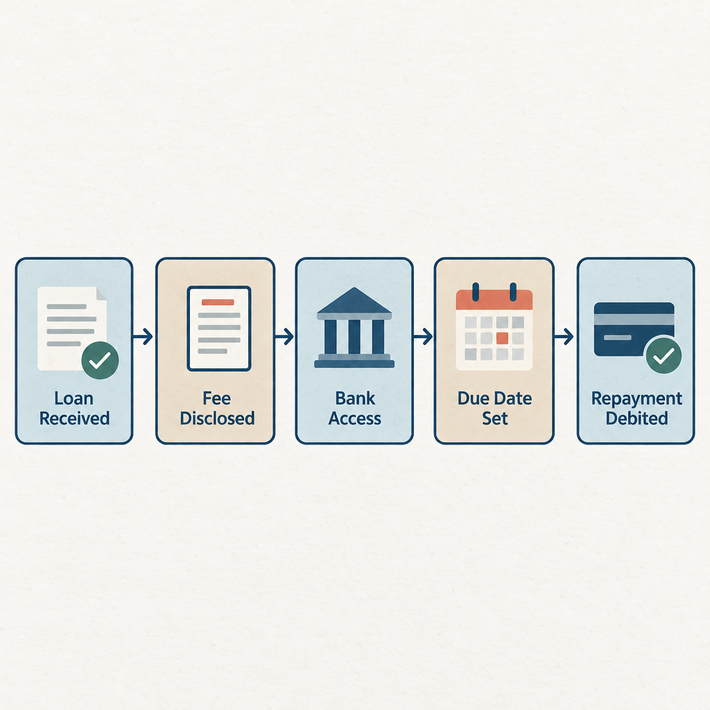 Flow diagram showing five steps of a payday advance agreement: loan received, fee disclosed, bank access granted, due date set, repayment debited