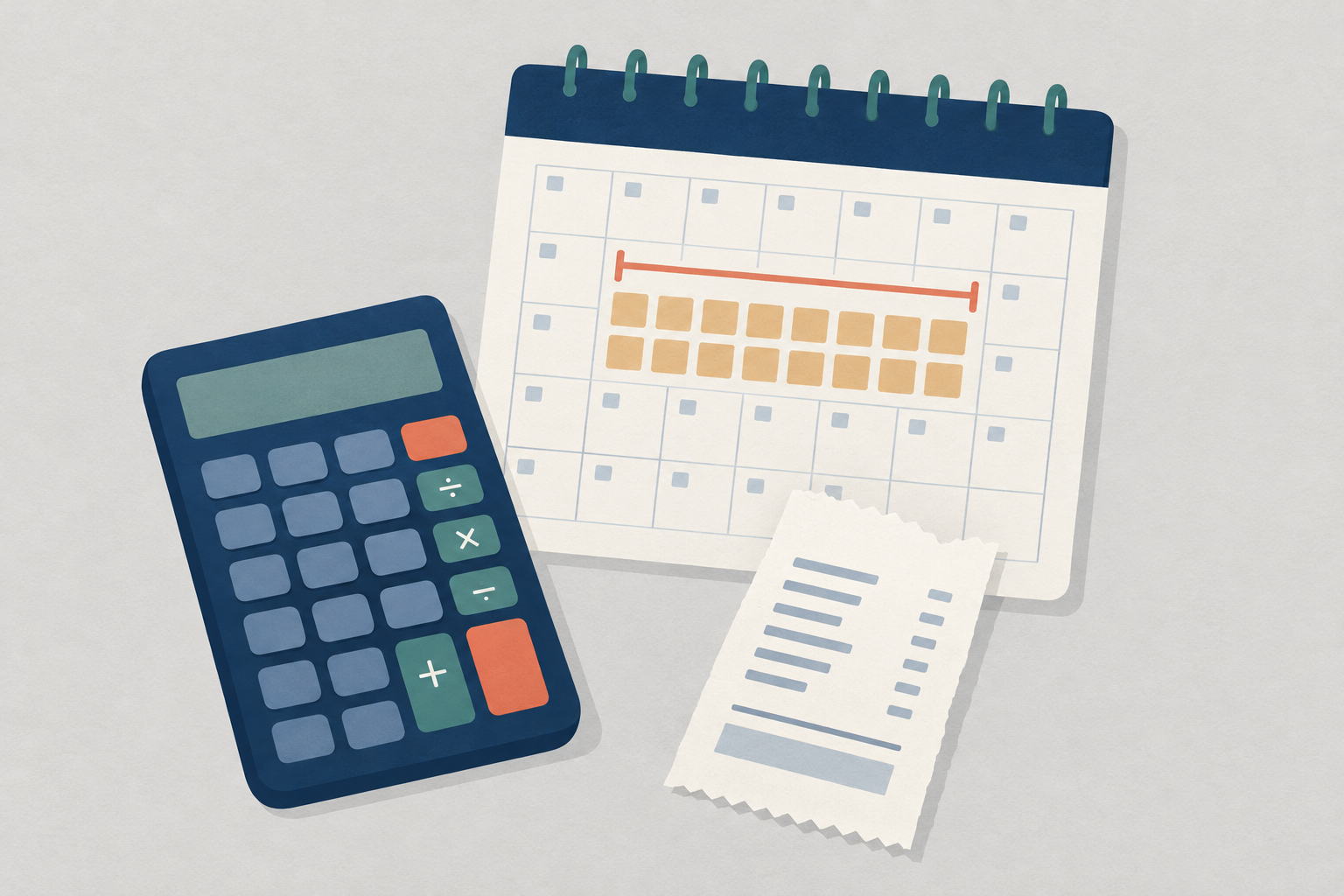 A calculator, a calendar showing a two-week span, and a fee receipt stub arranged together on a clean surface, representing payday loan cost calculation