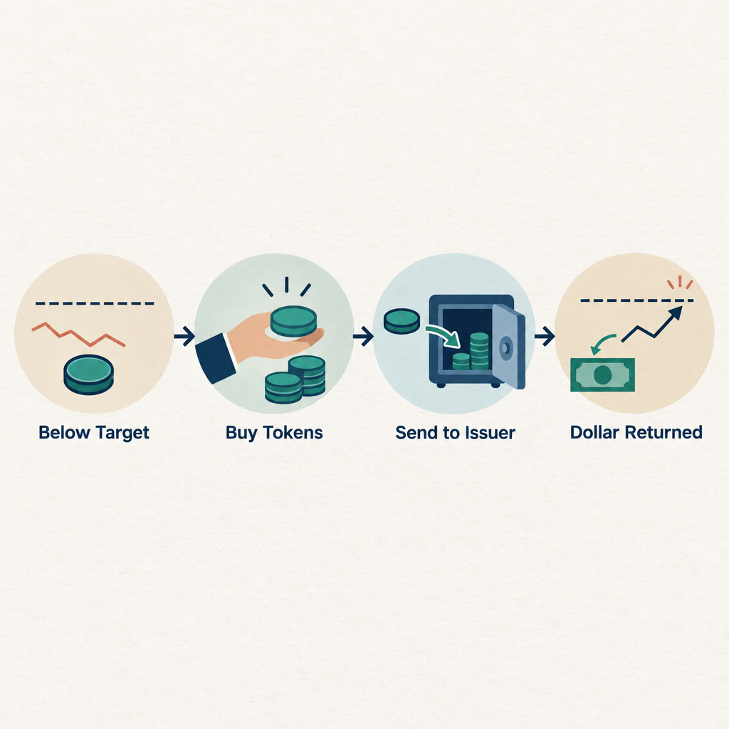 Flow diagram showing how stablecoin arbitrage maintains a hard peg: trader buys discounted token, redeems with issuer, receives dollar, price rises back to peg