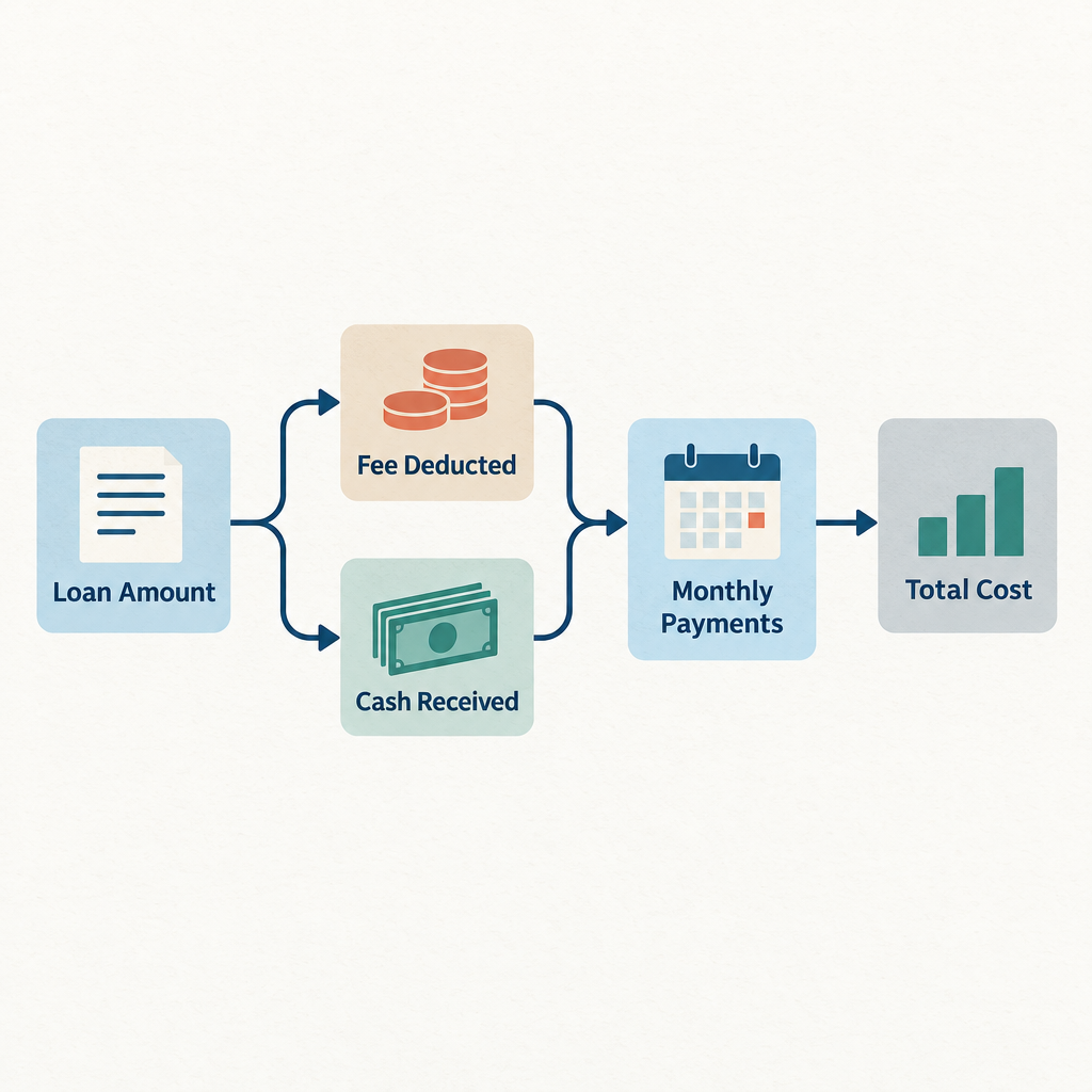 Flow diagram showing loan amount splitting into origination fee deducted and cash received, then monthly payments accumulating into total interest and total cost