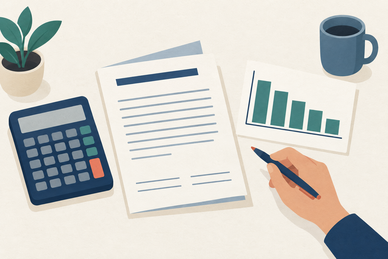 A calculator, a loan document, and a hand holding a pen beside an amortization breakdown chart