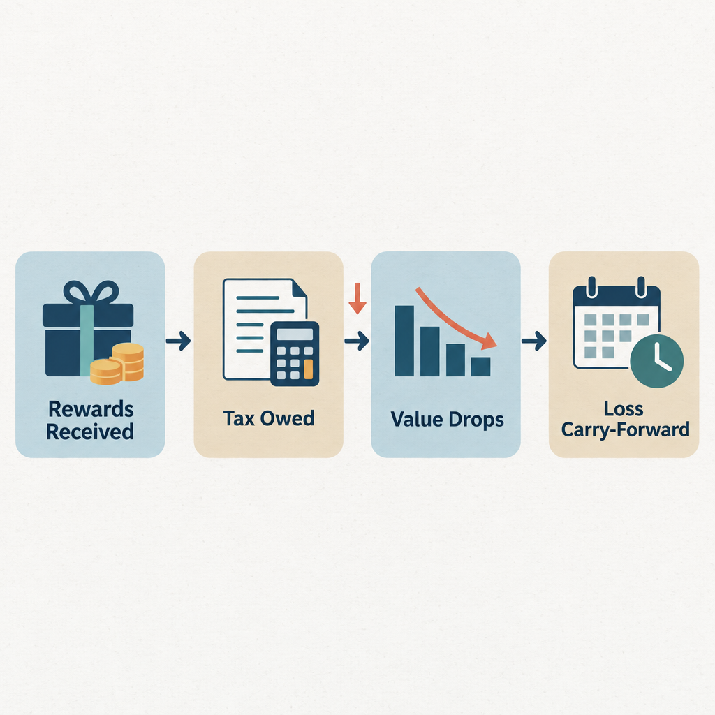 Flow diagram showing four stages of phantom income: rewards received, tax owed, value drops, capital loss carry-forward