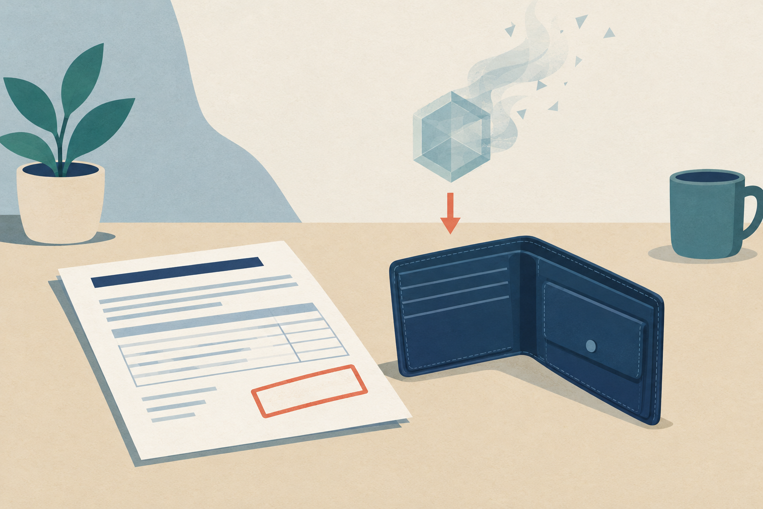 A tax bill document and a dissolving token above an empty wallet, illustrating phantom income taxed without selling