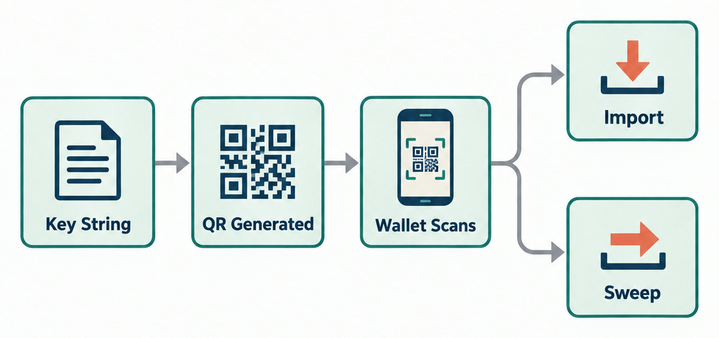 Flow diagram showing three steps: QR code generated, scanned by wallet, then import or sweep decision