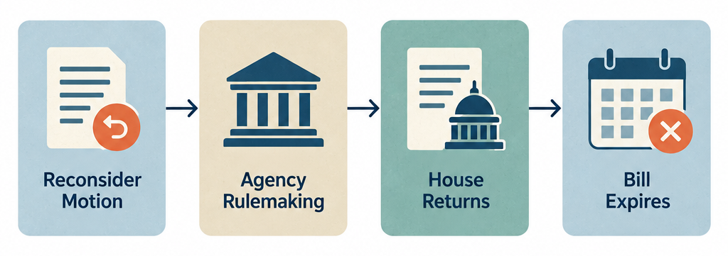 Flow diagram showing four possible next steps after the CLARITY Act cloture failure: motion to reconsider, agency rulemaking by SEC and CFTC, House return after midterms, and bill expiration