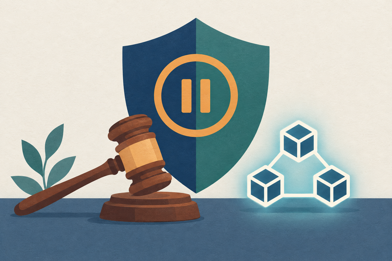 A legislative gavel resting beside a digital chain link symbol and a split regulatory shield representing SEC and CFTC oversight, with a pause or hold icon overlaid, showing stalled crypto market structure legislation