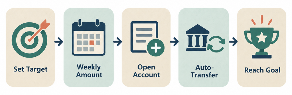 Flow diagram showing five steps to build a starter emergency fund: Set Target, Find Weekly Amount, Open Account, Auto-Transfer, Reach Goal