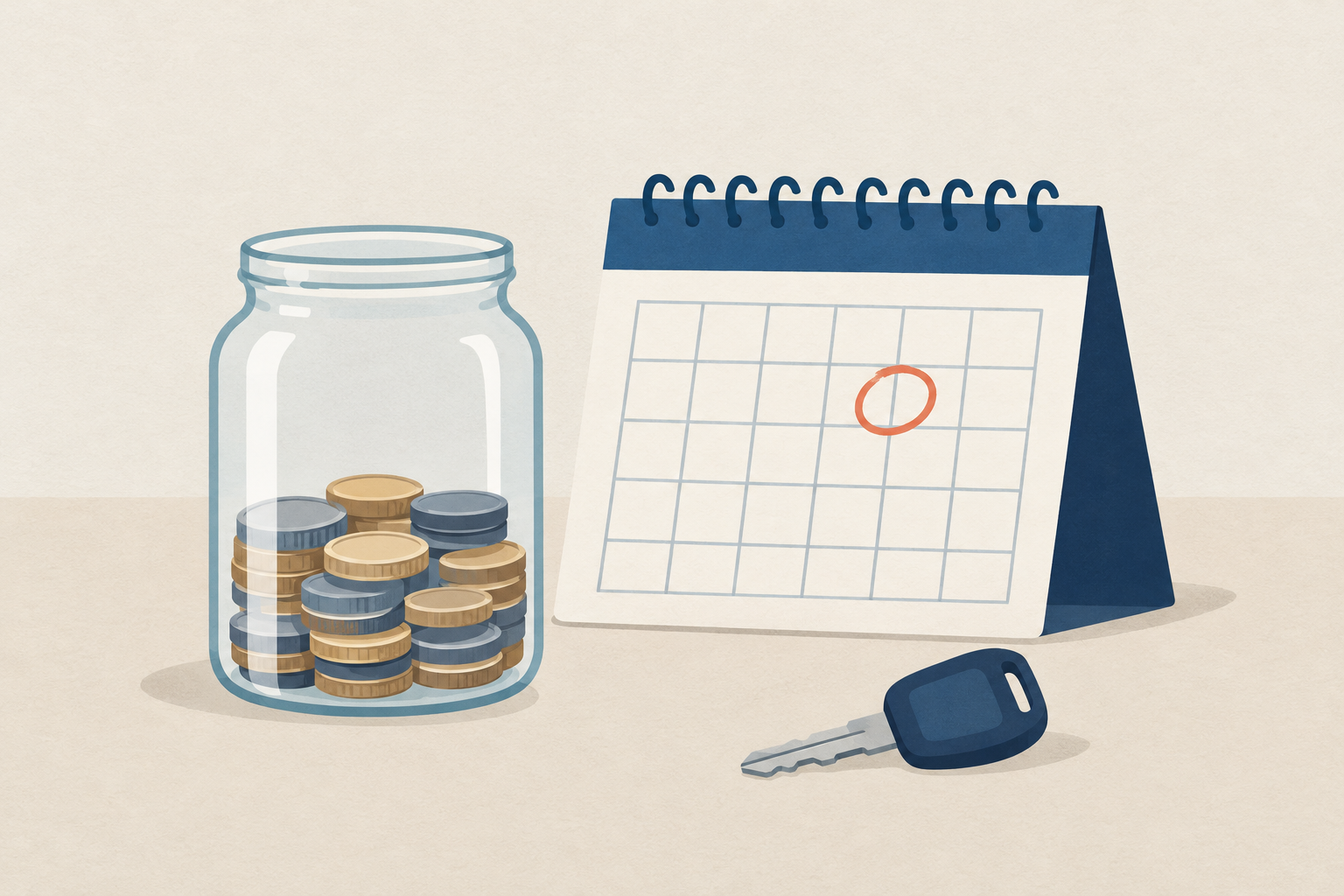 A glass jar partially filled with coins next to a small calendar and a car key, representing a starter emergency fund goal