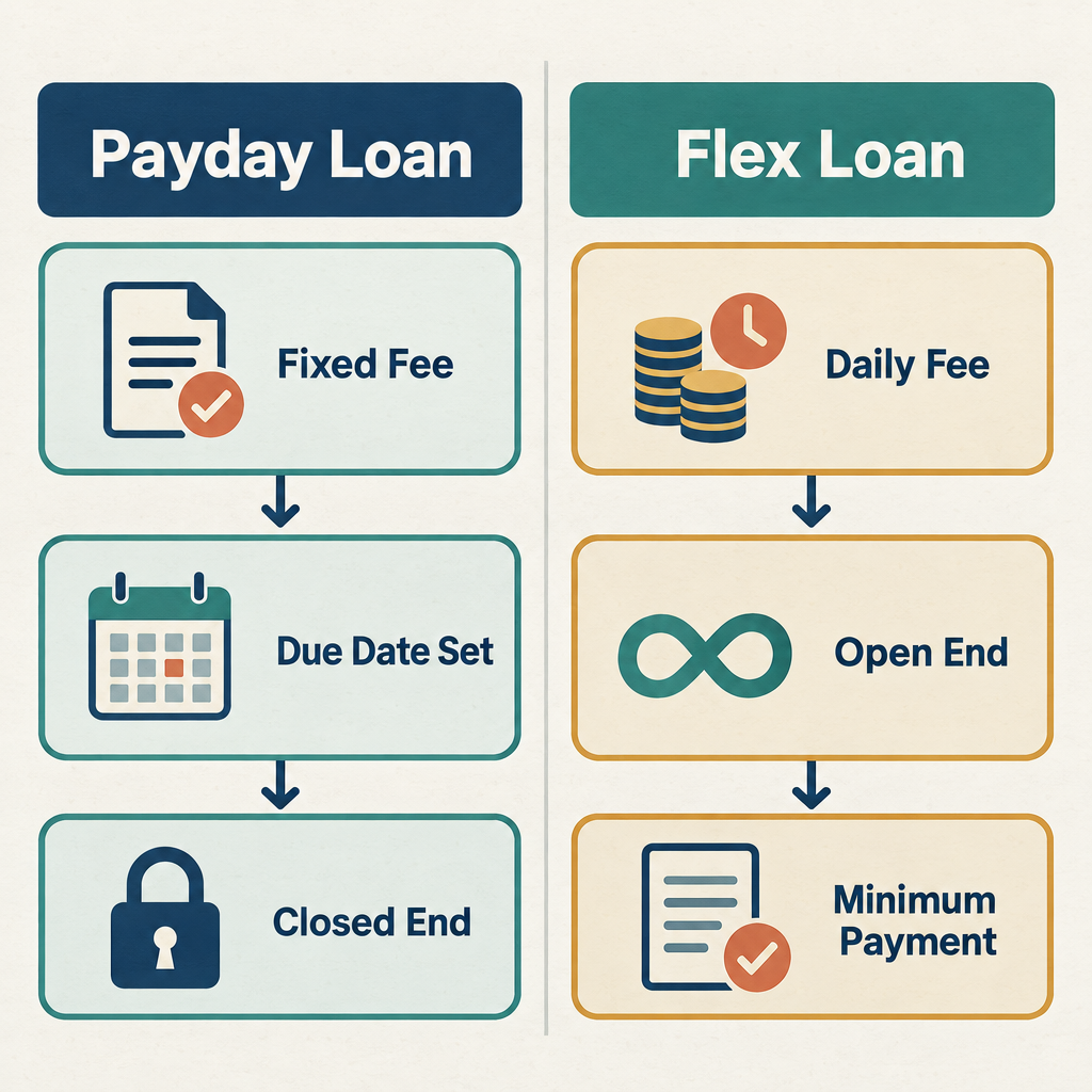 Flow diagram comparing payday loan and flex loan cost structures in two labeled columns