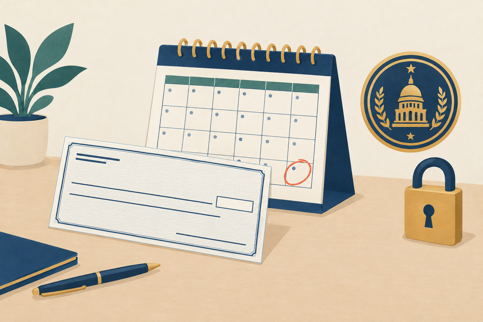 A post-dated check and a state seal on a desk beside a calendar showing a 31-day period, representing Tennessee payday loan rules