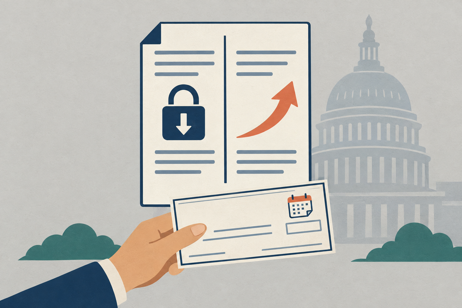 A Texas state capitol dome silhouette behind a split document showing a small padlocked interest cap on one side and an uncapped fee arrow climbing steeply on the other, with a hand holding a postdated check beneath
