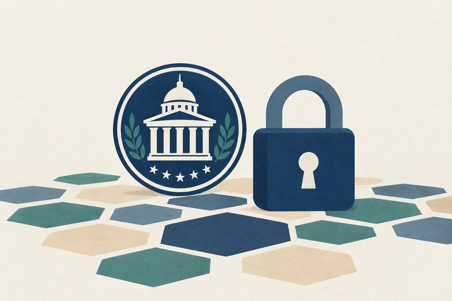 A government seal and a padlock resting on a stack of digital token symbols, representing stablecoin licensing requirements under the GENIUS Act