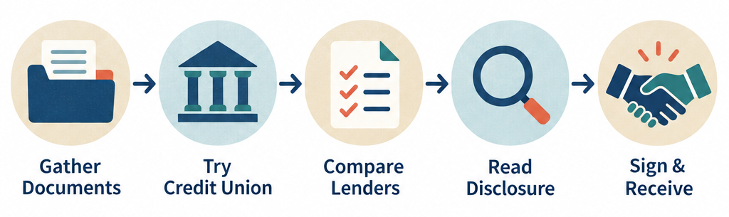 Flow diagram showing five steps to getting an urgent bad-credit loan: gather documents, check credit union, compare lenders, read disclosure, then sign