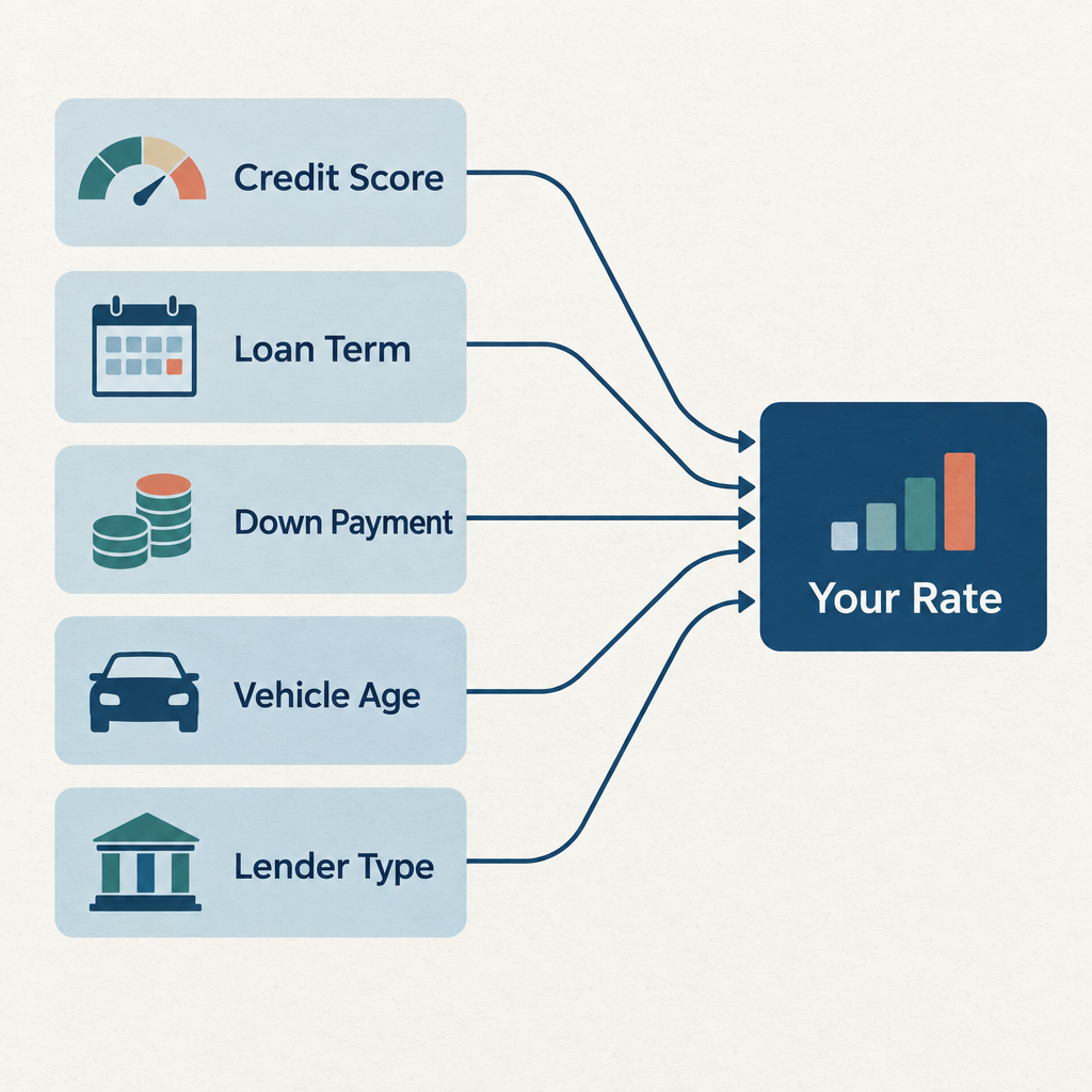 Flow diagram showing five factors that feed into a used car loan rate: credit score, loan term, down payment, vehicle age, and lender type