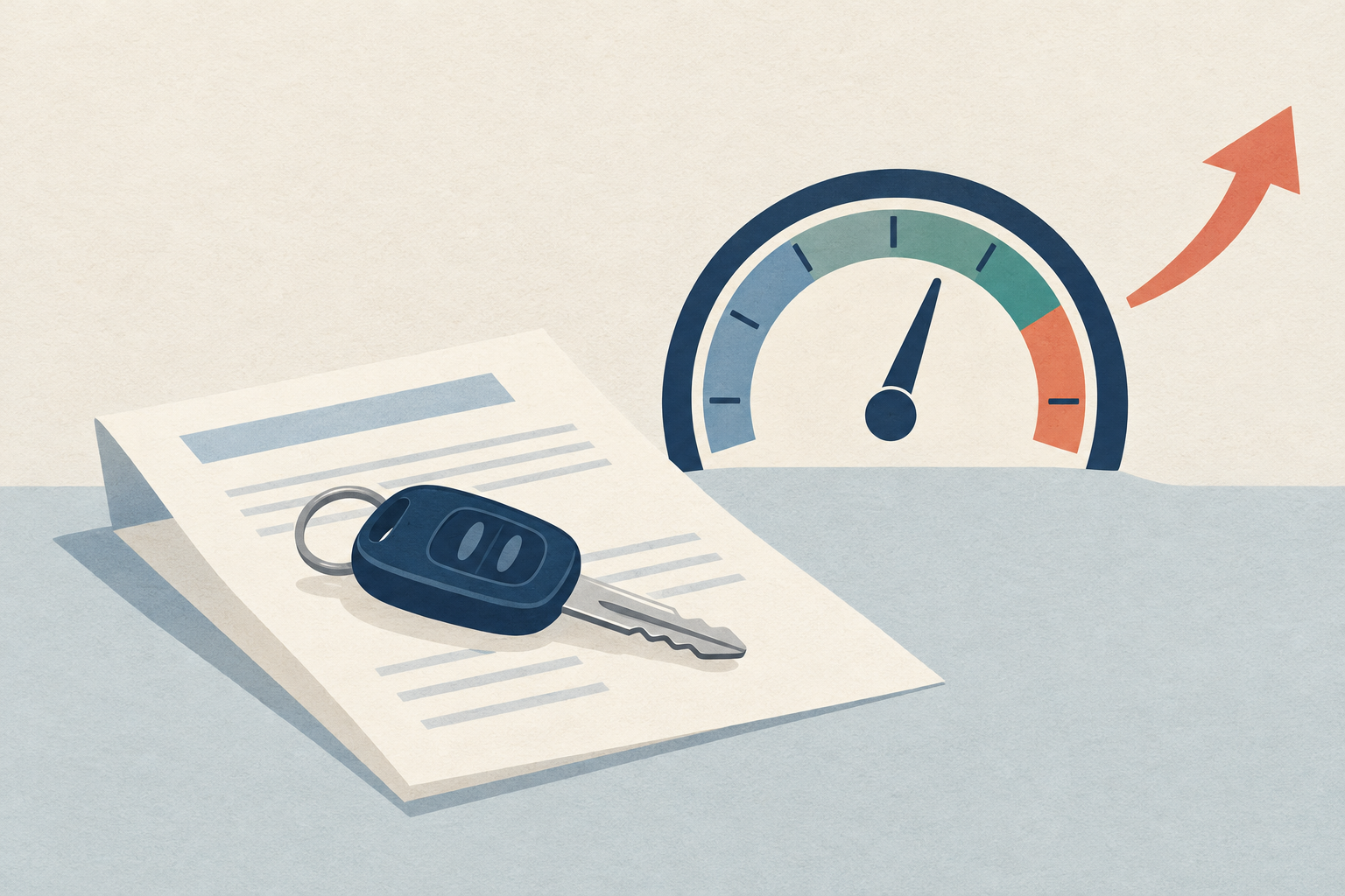A used car key resting on a loan document beside a credit score gauge and a rising rate arrow
